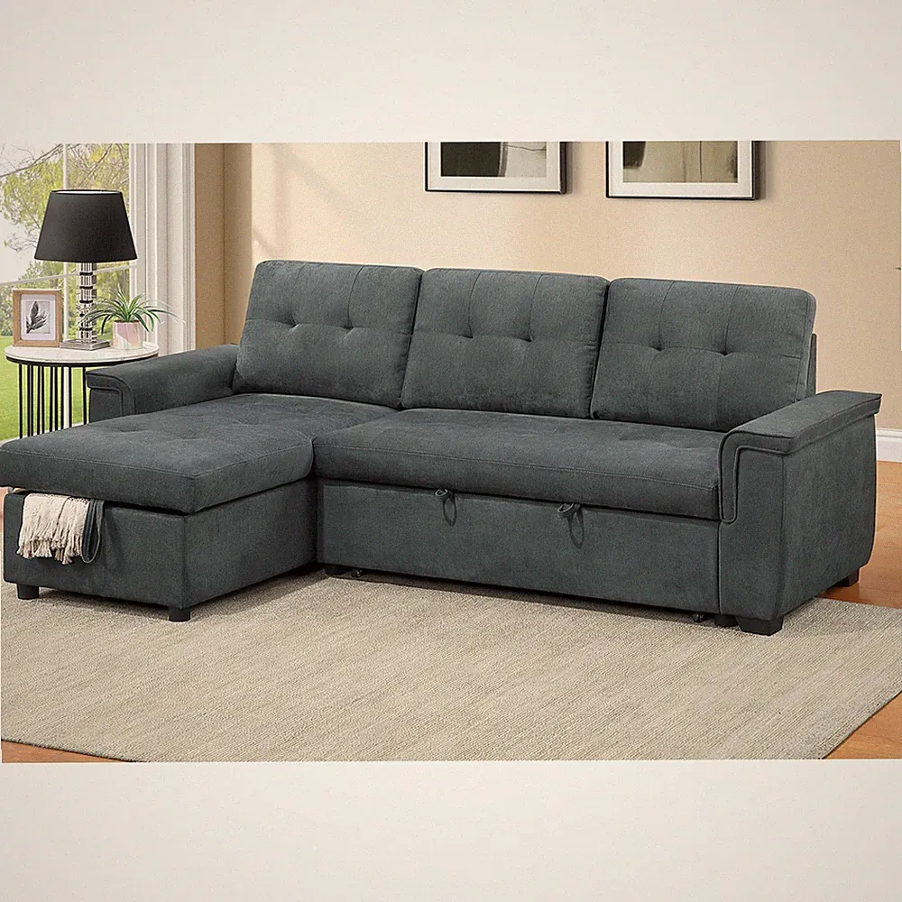 Reversible Sectional Sofa Set w/ Storage Chaise Ash Black Tweed Velvet