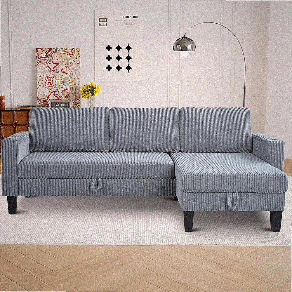 Reversible Sectional Sofa with Storage Chaise, Arm With Cup Holder,Storage and