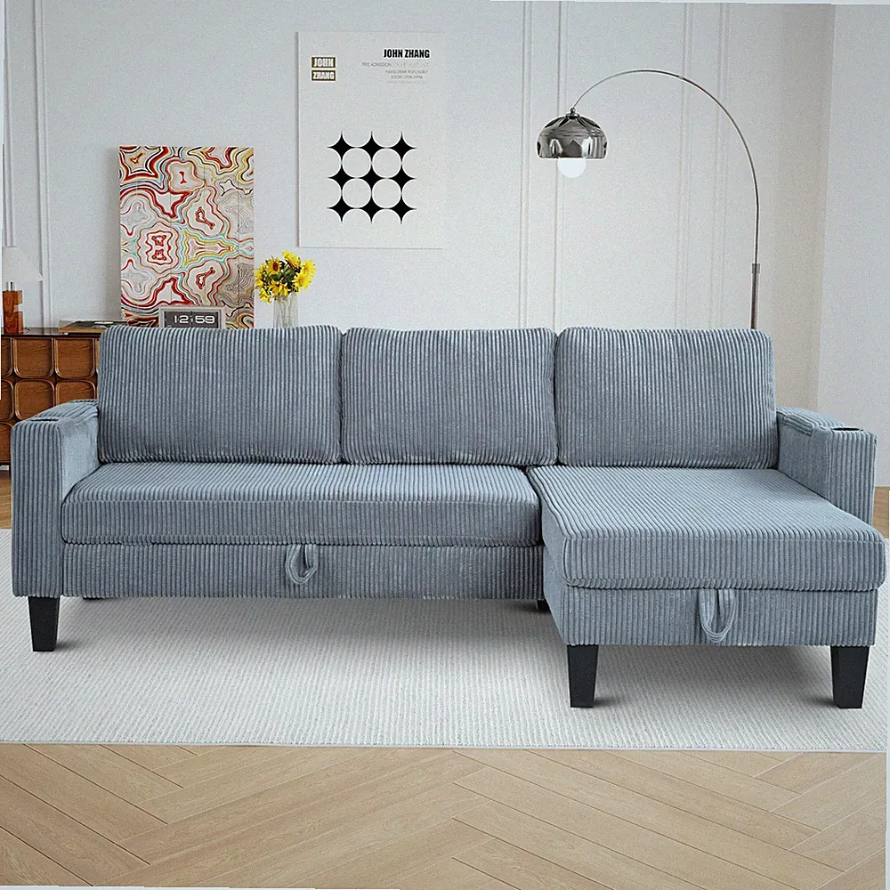 Reversible Sectional Sofa with Storage Chaise, Arm With Cup Holder,Storage and U