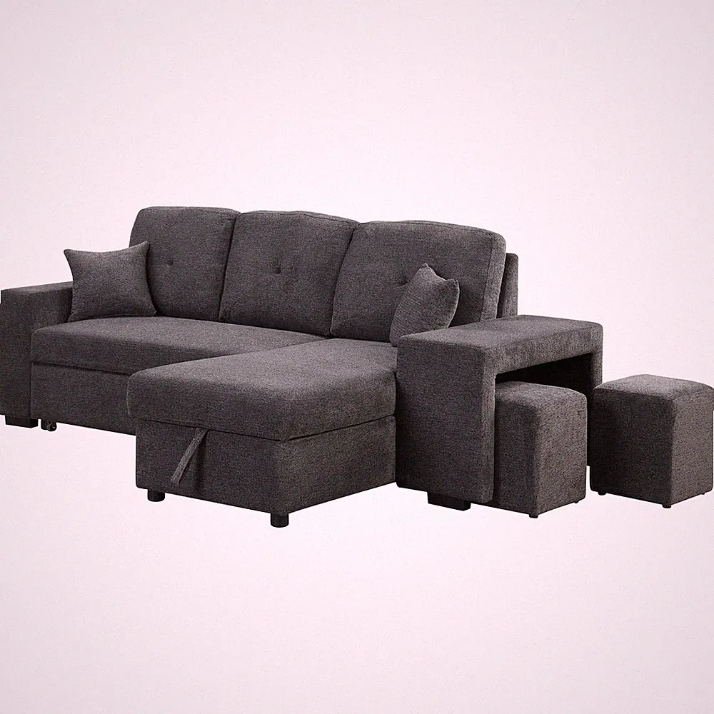 Reversible Sleeper Sectional Sofa Bed with Side Shelf and 2 Stools,Pull-Out L-Sh