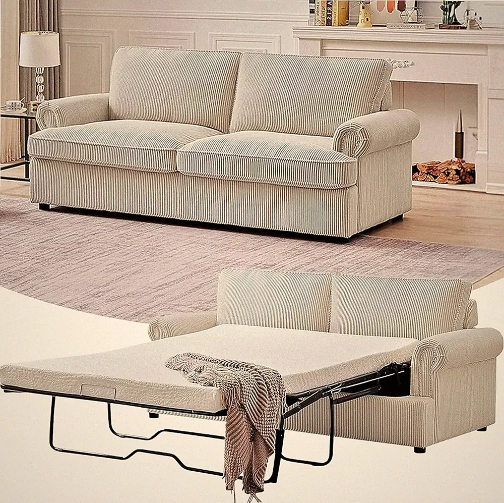 Reversible Sleeper Sofa Bed with Memory Foam, Ivory Corduroy, Space Saving