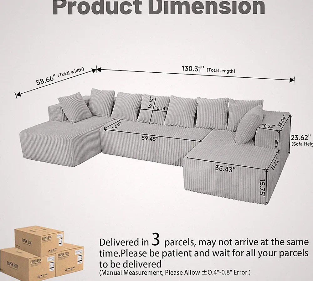 Reversible U-Shaped Sectional Sofa, 130" Plush Chaise Lounge in Gray NEW