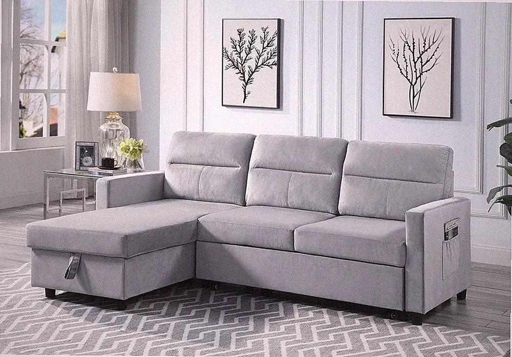 Reversible Velvet Sleeper Sectional Sofa with Storage Chaise and Side Pocket, L