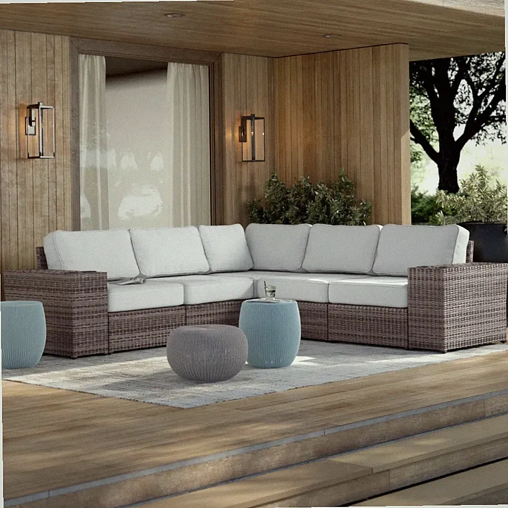 Reversible Wicker Sectional Sofa 8.5 ft, Brown Grey, Cushions Included