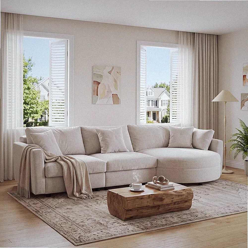 Right Facing Corner Sectional Sofa with Curved Chaise Lounger and 3 Toss Pillows