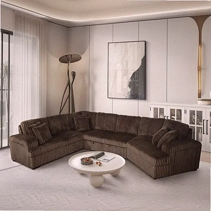 Right Facing Half U-Shaped Sectional Sofa Bed w/ USB, Storage & Pillows, Brown