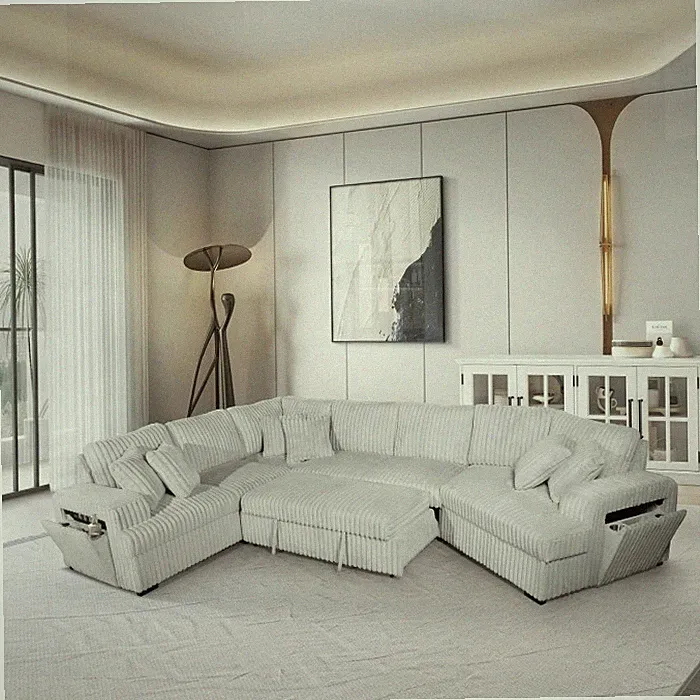 Right Facing Half U-Shaped Sectional Sofa Bed w/ USB, Storage & Pillows, Silver