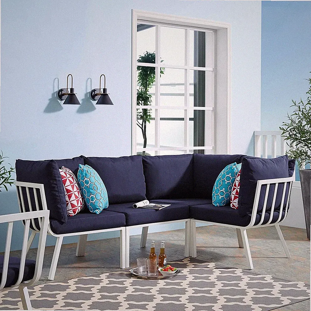 Riverside 4 Piece Outdoor Patio Aluminum Sectional in White Navy