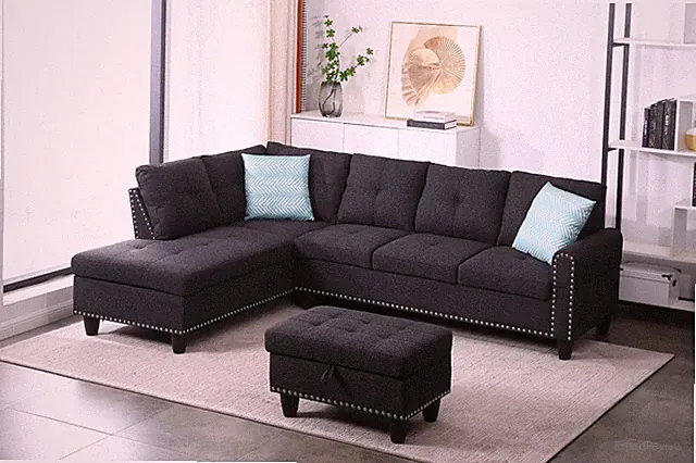 Rivet - Trimmed L - shaped Sofa Charcoal grey