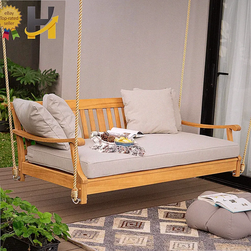 Robin Teak Wood 6' Porch Swing Bed Upgraded Patio Porch Swing Daybed Oyster Cush
