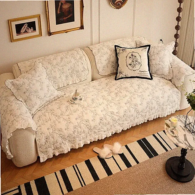 Romantic French Floral Cotton Blend Sofa Cover – Vintage Ruffle Couch Throw