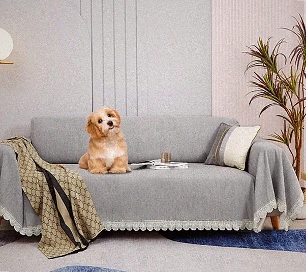 Roomlife Soft Gray Chenille Sofa Couch Cover W/Scalloped Lace Trim 71" x 134"