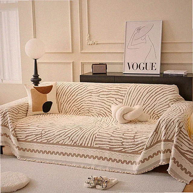 ROOMLIFE Thicked Striped Couch Cover Protector, Khaki Sofa Slipcovers Chenill...