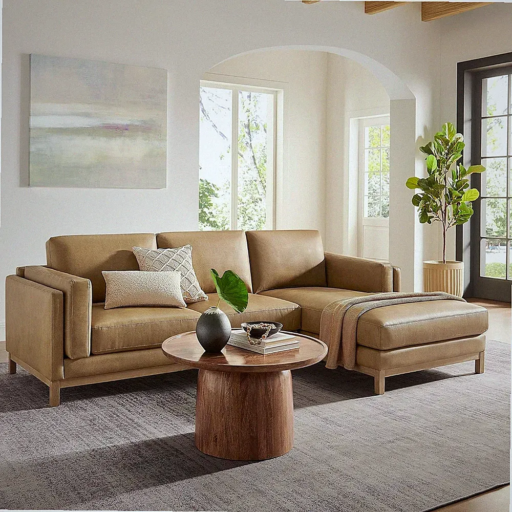 Roscoe Right-Facing L-Shaped Sectional Sofa with Chaise in Toast Faux Leather
