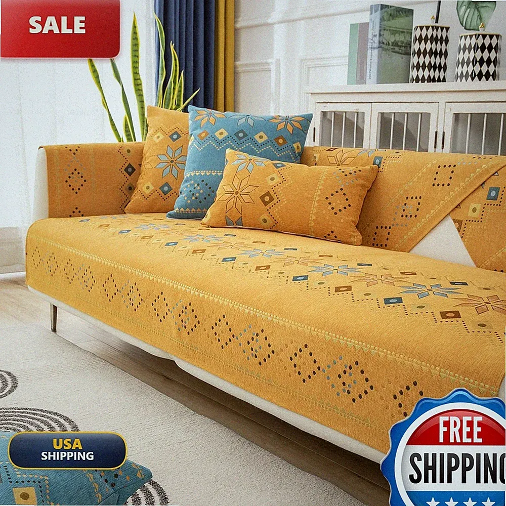 Rosygulls Boho Chenille Couch Cover for Sectional L Shaped Sofa Orange 3 Seat