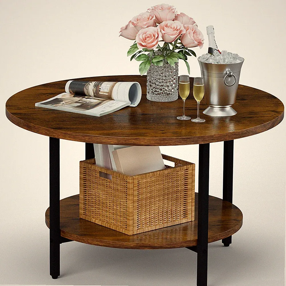 Round Coffee Table, 27.6" Circle Coffee Table for Living Room, 2-Tier Wood Ac...