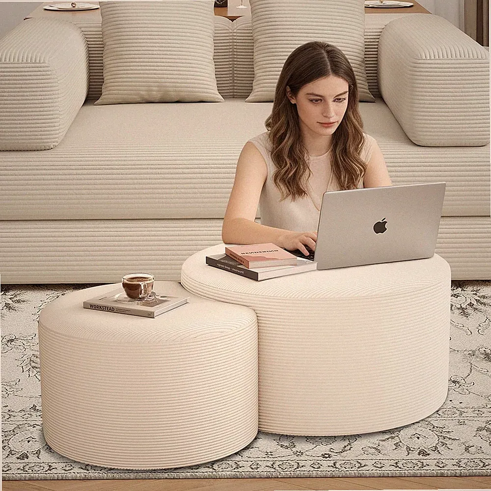Round Coffee Table Set of 2 Movable Ottoman Corduroy Cloud Sectional Couches