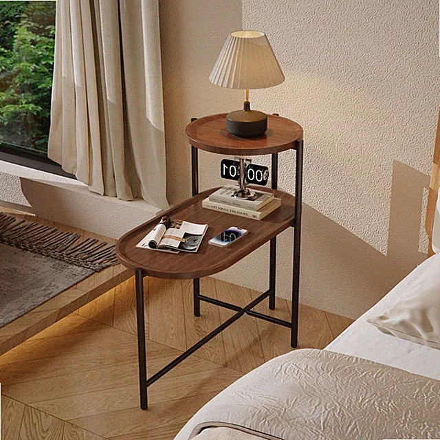 Round Coffee Table with Storage Tray 2 Tier End Table Side Table for Living Room