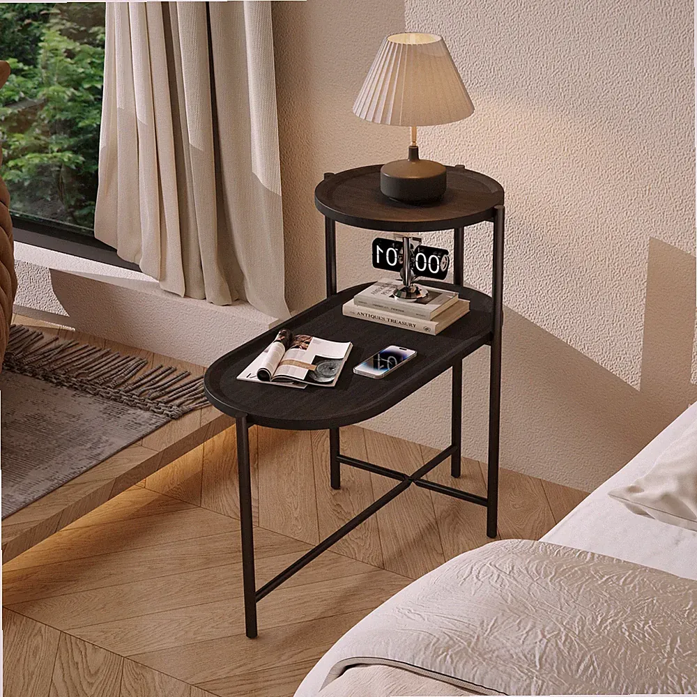 Round Coffee Table with Storage Tray 2 Tier End Tables Wooden Small Side Table