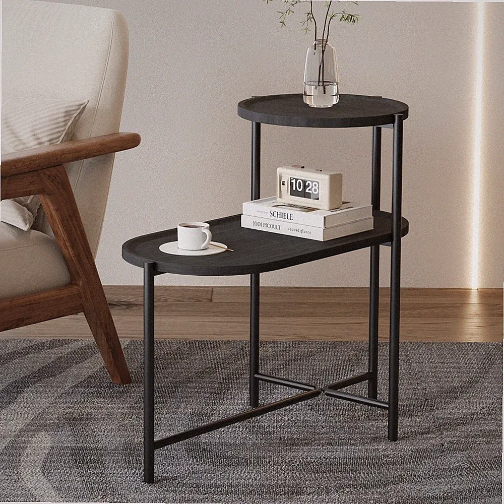 Round Coffee Table with Storage Tray Wooden Small Side Table for Living Room