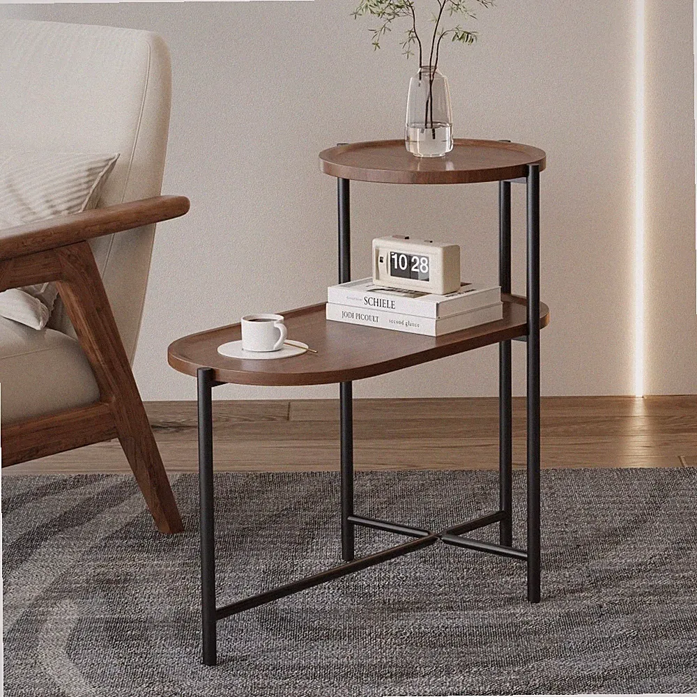Round Coffee Table with Storage Tray Wooden Small Side Table for Living Room