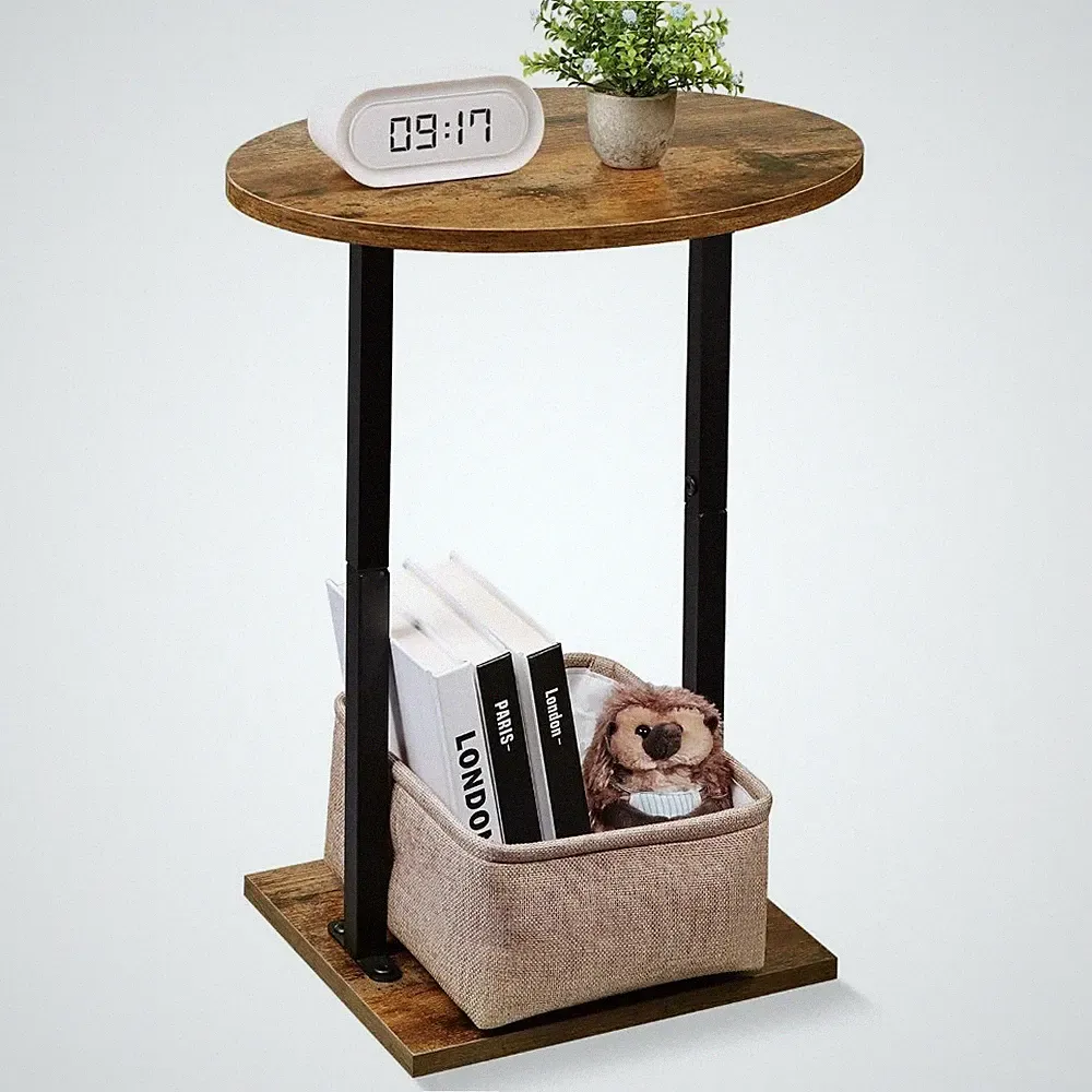 Round End Table with Storage Basket 24 Inch Wood Side Table for Small Spaces