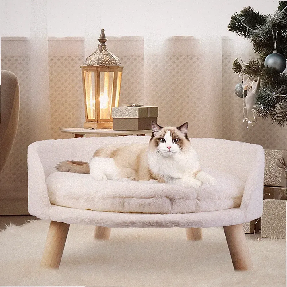 Round Fluffy Soft Elevated Dog Sofa Bed Couch with Removable Cushion Sleep House