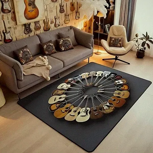 Round Guitar Area Rug 3x5 Musical Instruments Rugs for Living Room | Music