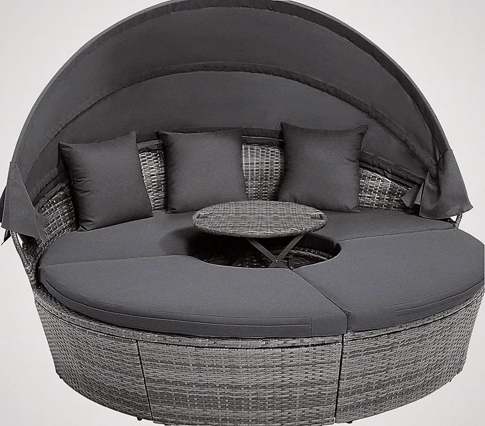 round Outdoor Daybed with Canopy, Rattan Wicker Sectional Sofa Set W/Cushions, H