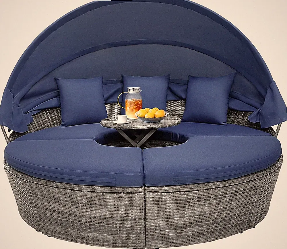 round Outdoor Daybed with Canopy, Rattan Wicker Sectional Sofa Set W/Cushions, H