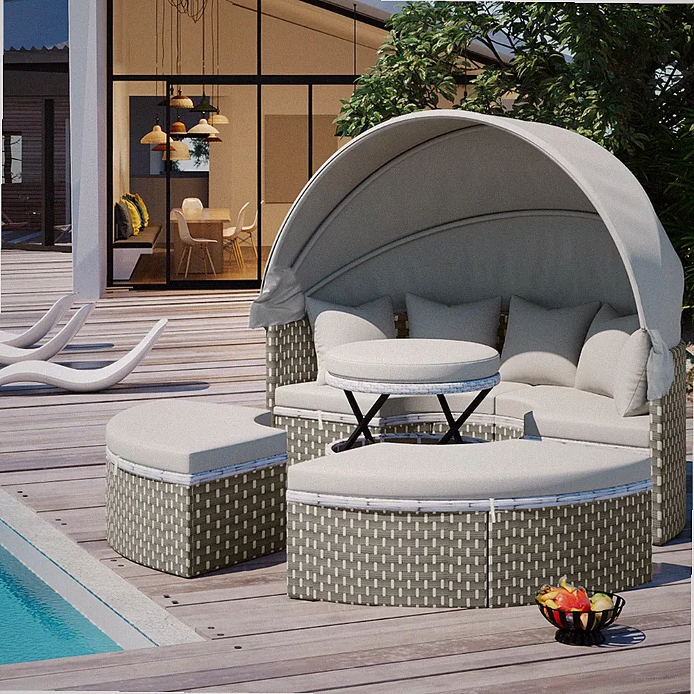 Round Outdoor Sectional Sofa Set with Retractable Canopy & Daybed - Gray