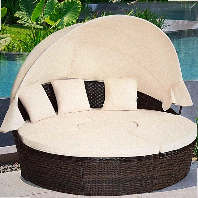 Round Patio Daybed with Retractable Canopy & Cushioned Seats - White Wicker Sofa