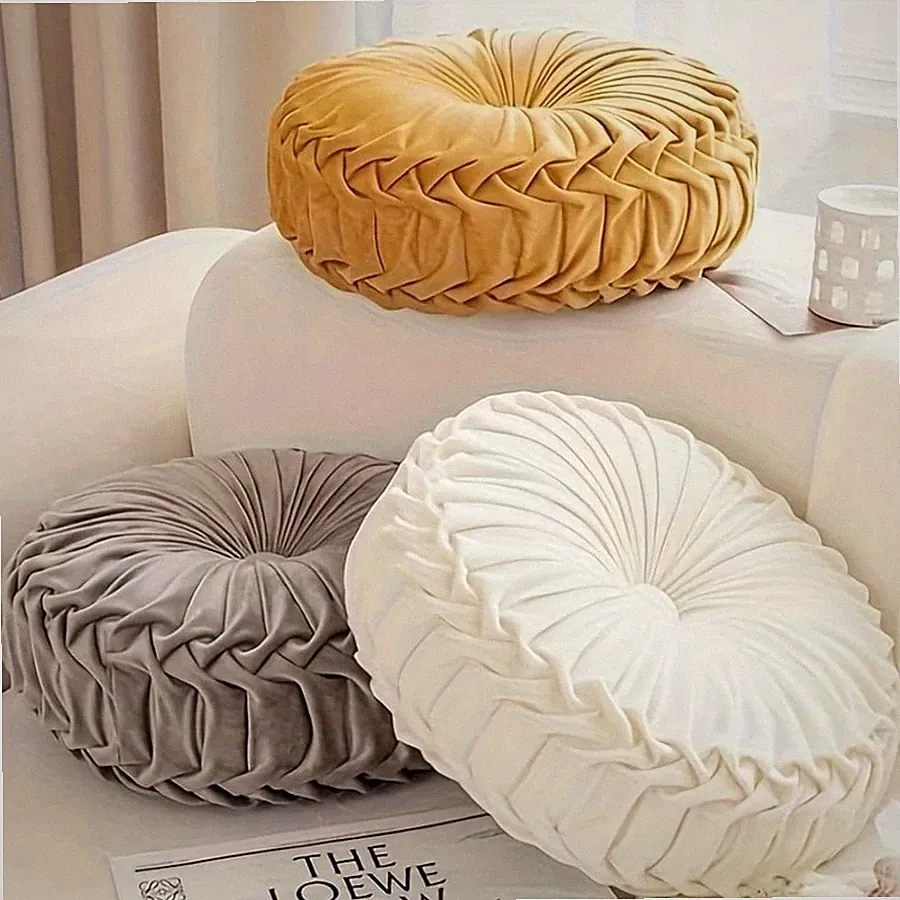 Round Pleated Throw Pillow Velvet-Feel Accent Cushion for Sofa Bed Decor