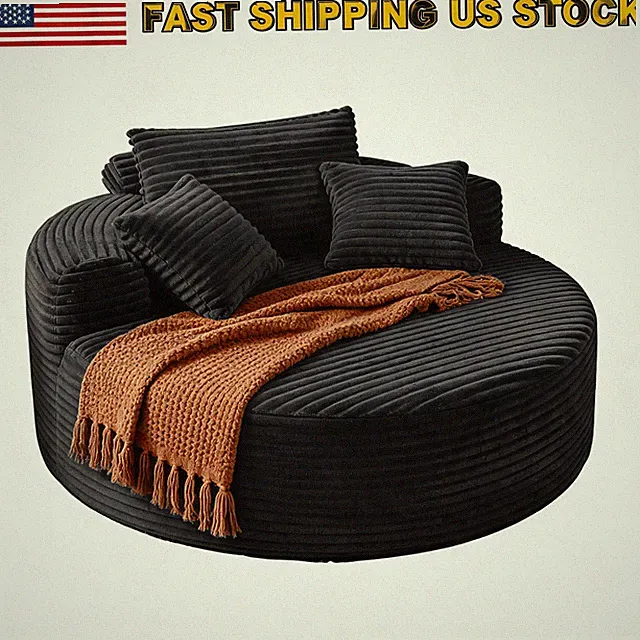 Round Single Lounge Chair 55" Corduroy Upholstered Boneless Sofa Bed Black