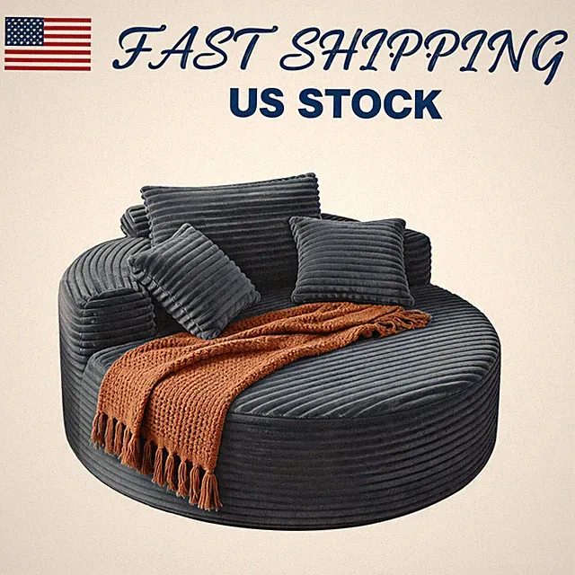 Round Single Lounge Chair 55" Corduroy Upholstered Boneless Sofa Bed Grey
