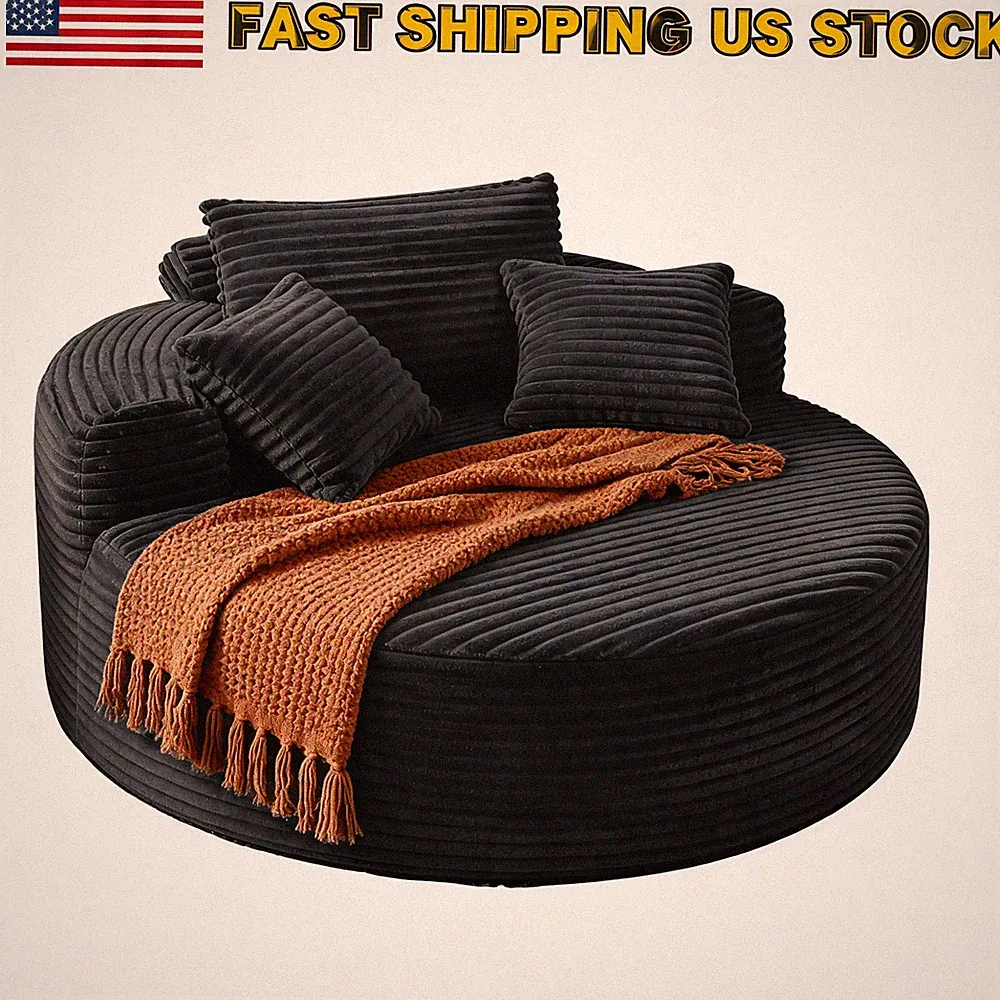 Round Single Lounge Chair 55" Upholstered Boneless Sofa Bed Black Corduroy
