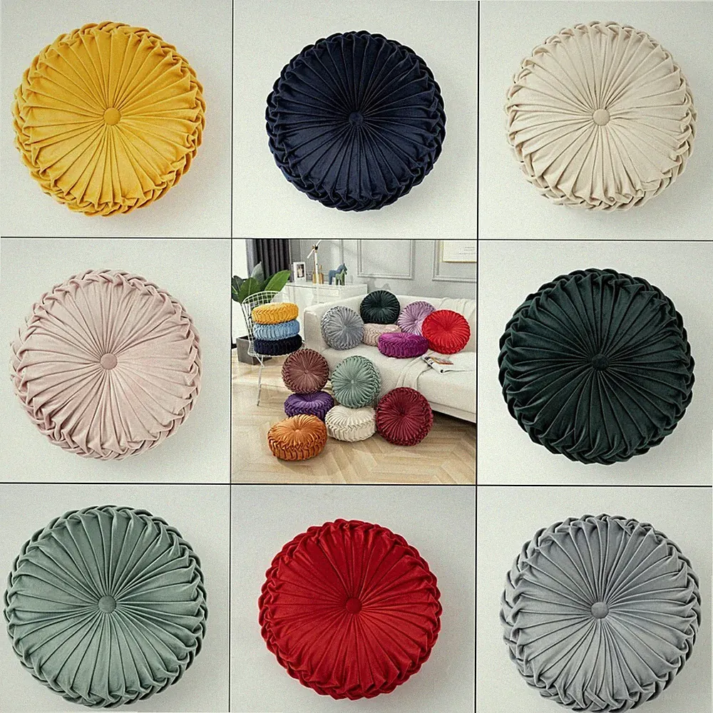 Round Velvet Seat Cushion Pleated Pumpkin Floor Throw Pillow for Bed Sofa Car