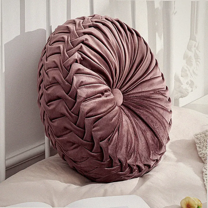 Round Velvet Throw Pillow 15" Decorative Pleated Cushion for Sofa Bed Chair