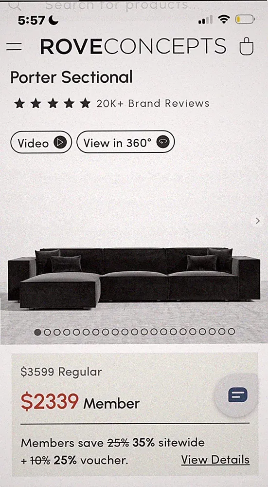 Rove Concepts Model: Porter Sectional Color: Black/Deep Charcoal Velvet