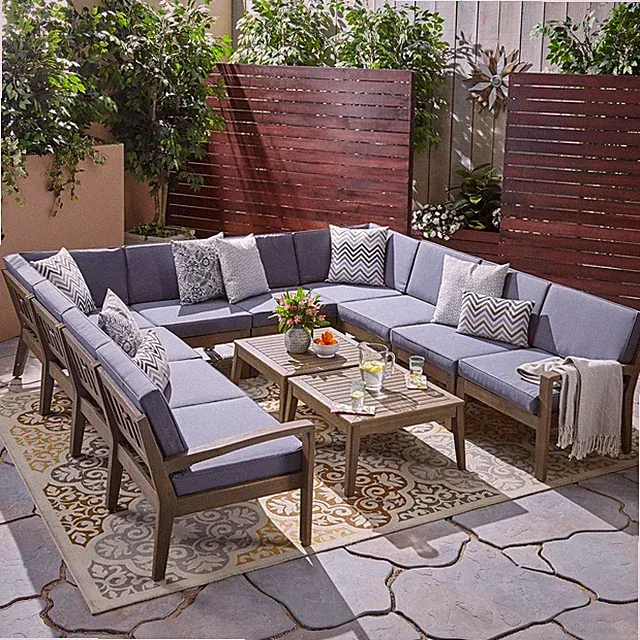 Roy Outdoor Acacia Wood 10 Seater Sectional Sofa Set with Two Coffee Tables