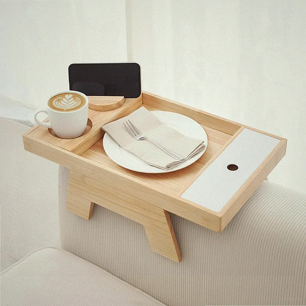 Rubberwood Couch Arm Tray Sofa Armrest Table Storage Compartment Organizer