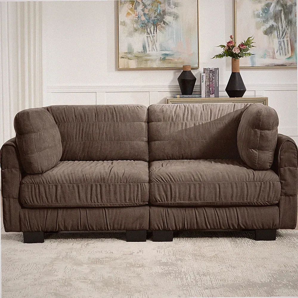 Ruched Chenille L-Shape Modular Sectional Sofa, High-Density Foam, Brown