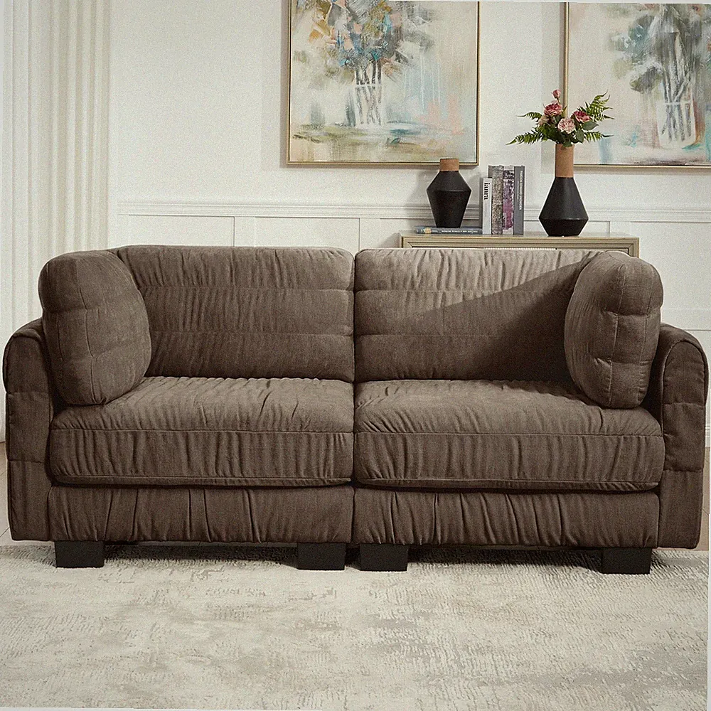 Ruched Chenille Loveseat Modular Sectional Sofa, L-Shape, Brown
