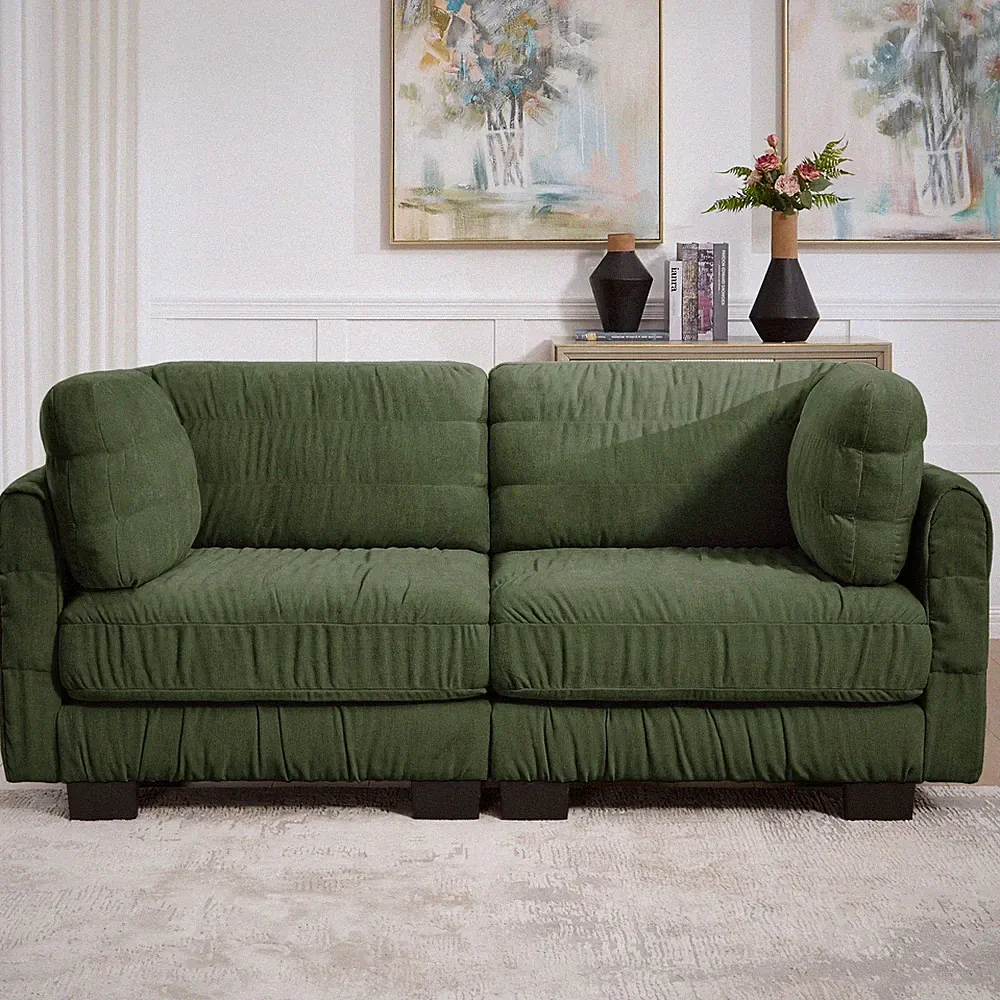 Ruched Chenille Modular L-Shape Sectional Sofa Green