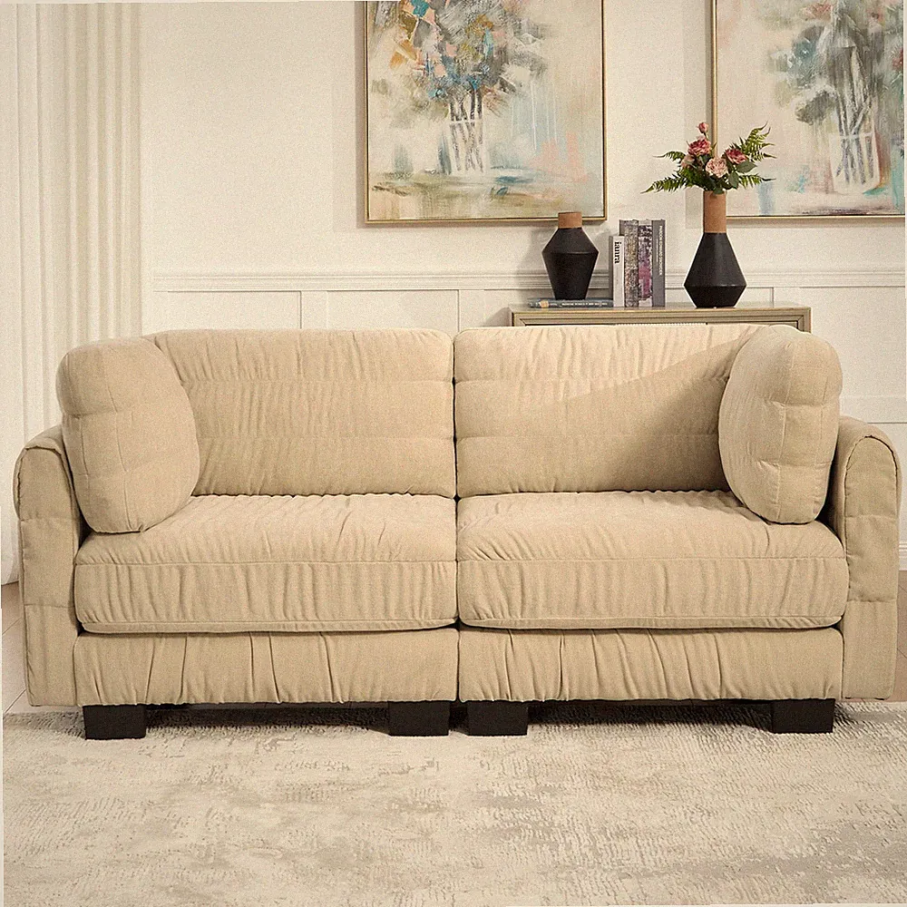 Ruched Chenille Modular Sectional Sofa L-Shape Camel