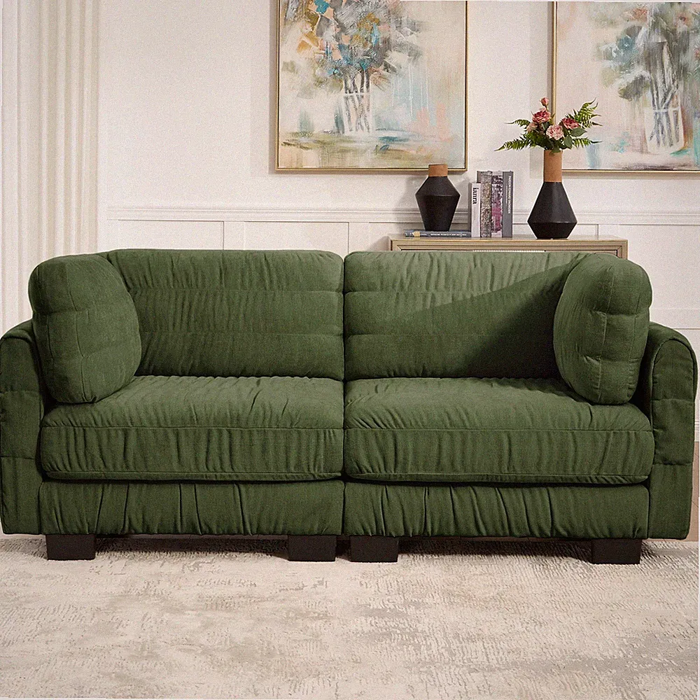 Ruched Chenille Modular Sectional Sofa L-Shape Green Living Room