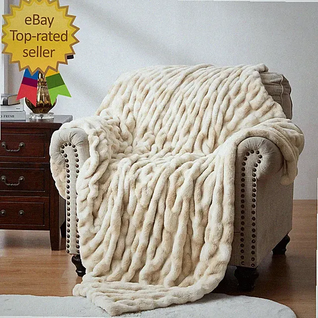 Ruched Faux Fur Throw Blanket Soft Cozy Fluffy Luxurious Blankets Couch Bed