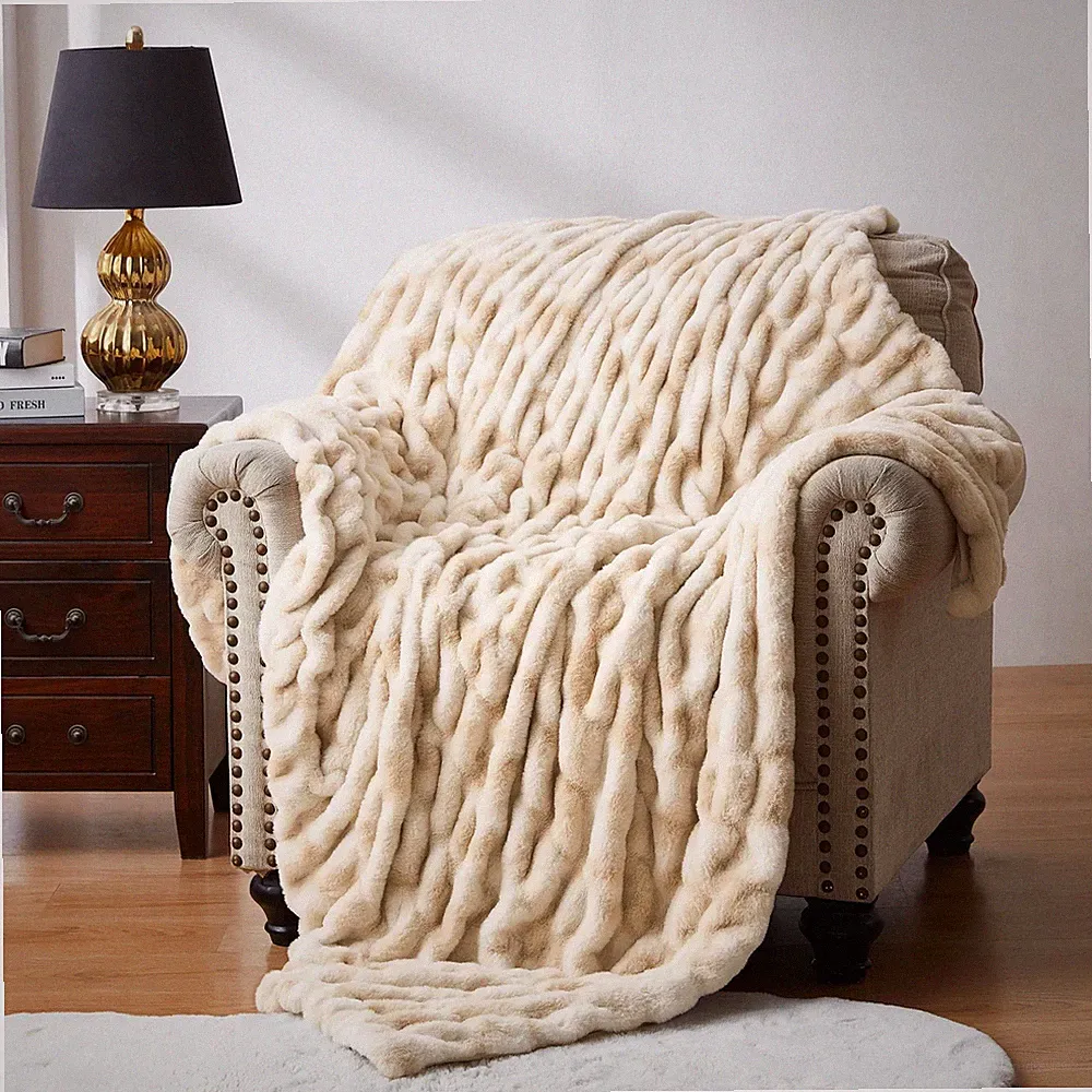 Ruched Faux Fur Throw Blanket Soft Cozy Fluffy Luxurious Blankets Couch Bed S...