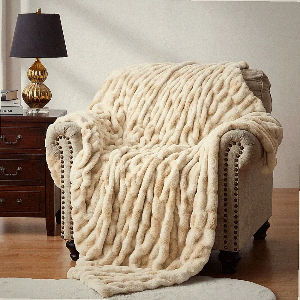 Ruched Faux Fur Throw Blanket Soft Cozy Fluffy Luxurious Blankets Couch Bed S...