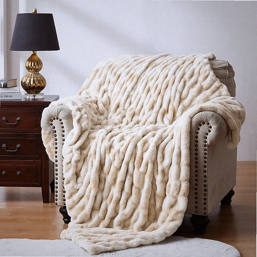 Ruched Faux Fur Throw Blanket Soft Cozy Fluffy Luxurious Blankets Couch Bed Sofa